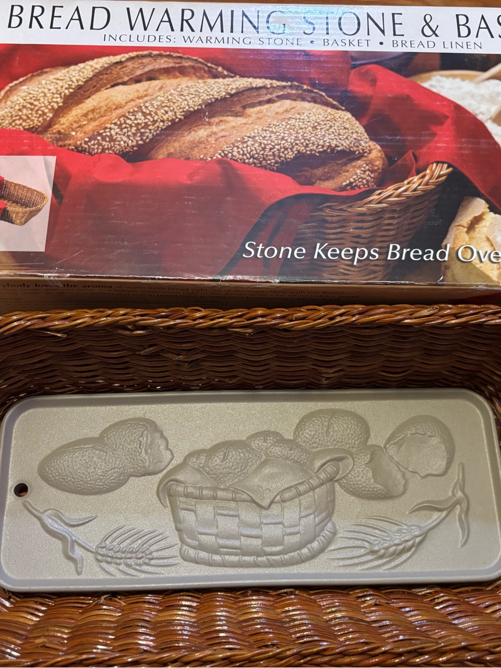 Bread Warming Stone & Basket Set with Red Linen - Bread Warming Stone